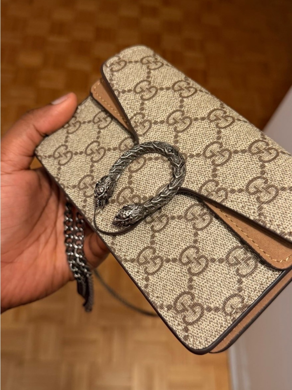 Designer Beige/Tan Monogram Chain Shoulder Bag